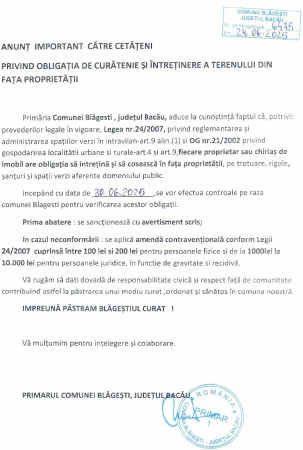 ANUNȚ IMPORTANT CĂTRE CETĂȚENI  PRIVIND OBLIGAȚIA DE CURĂȚENIE ȘI ÎNTREȚINERE A TERENULUI DIN FAȚA PROPRIETĂȚII